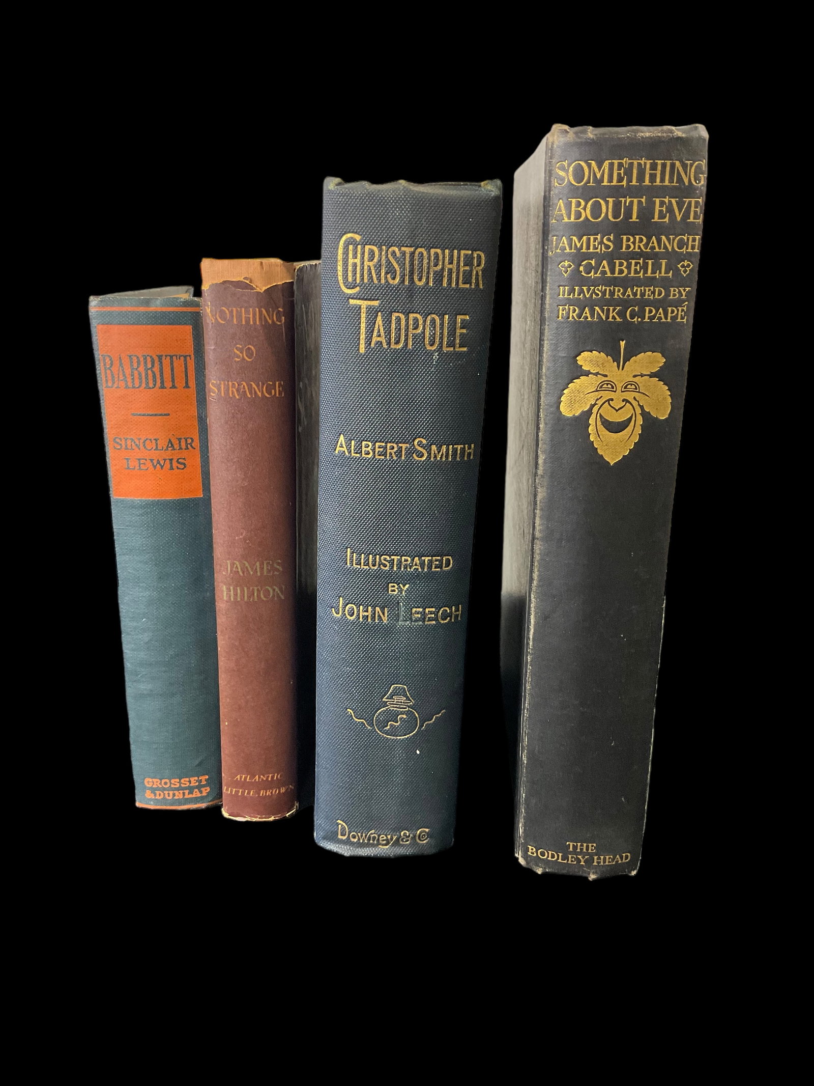 Group of 4 Babbitt 1922, Nothing So Strange 1947, Christopher Tadpole 1897, Something About Eve 1927: Babbitt 1922, Nothing So Strange 1947, Christopher Tadpole 1897, Something About Eve 1927 1) Babbitt, 1922, by Sinclair Lewis, Publisher Grosset & Dunlap New York, writing on 1st page, bumped corn