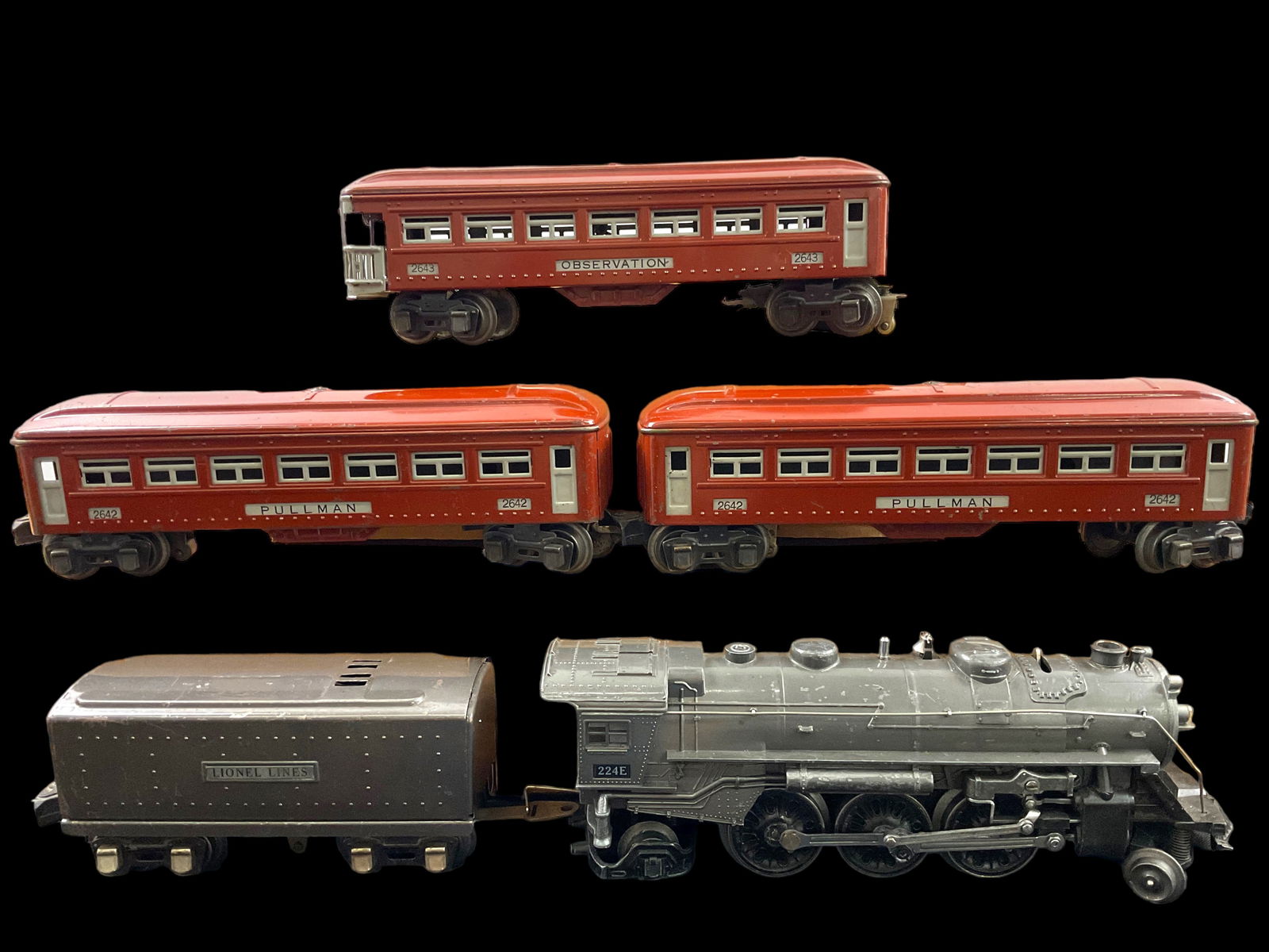 Lionel Prewar O Gauge 224E Steam Locomotive Gunmetal,  2224 Tender, Two 2642 Pullman Cars,  2643 (1 of 11)