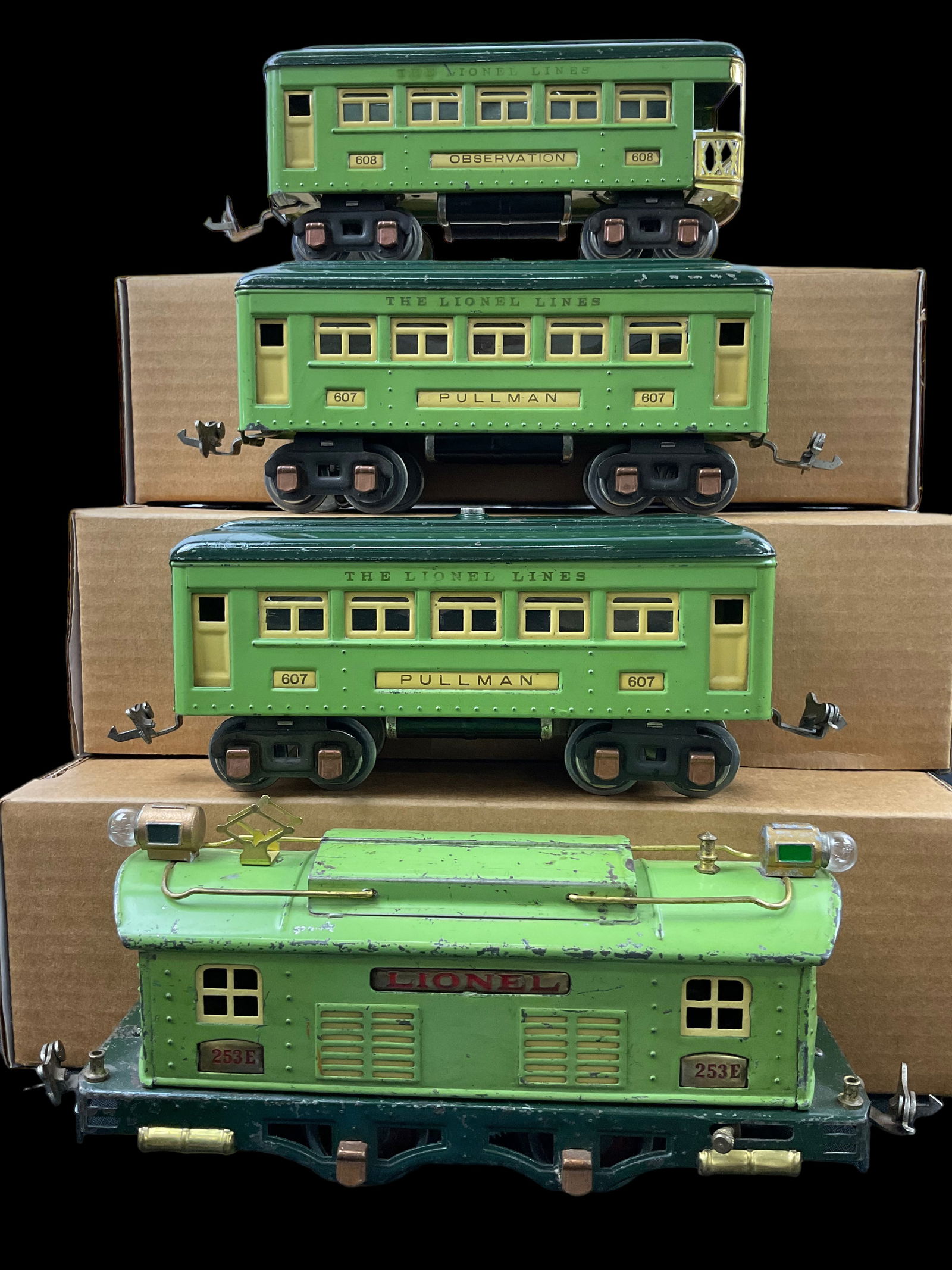Set Lionel Prewar O Gauge 253E Engine 0-4-0 Green (1931-1936) Two 607 Pullman Cars 608 Observation (1 of 12)