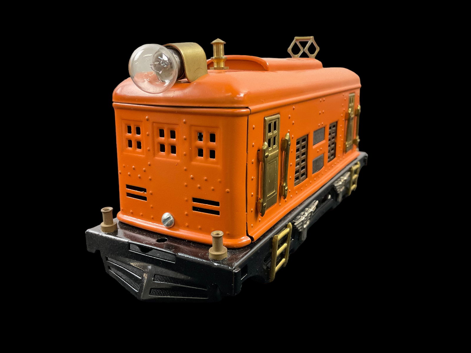 Lionel Prewar O Gauge 248 0-4-0 Electric Locomotive 1927-32 Orange: Lionel Prewar O Gauge 248 0-4-0 Electric Locomotive 1927-32, Orange with Brass Ventilators and Black Letterboards, 7 1/2" length, Condition, see photographs. 