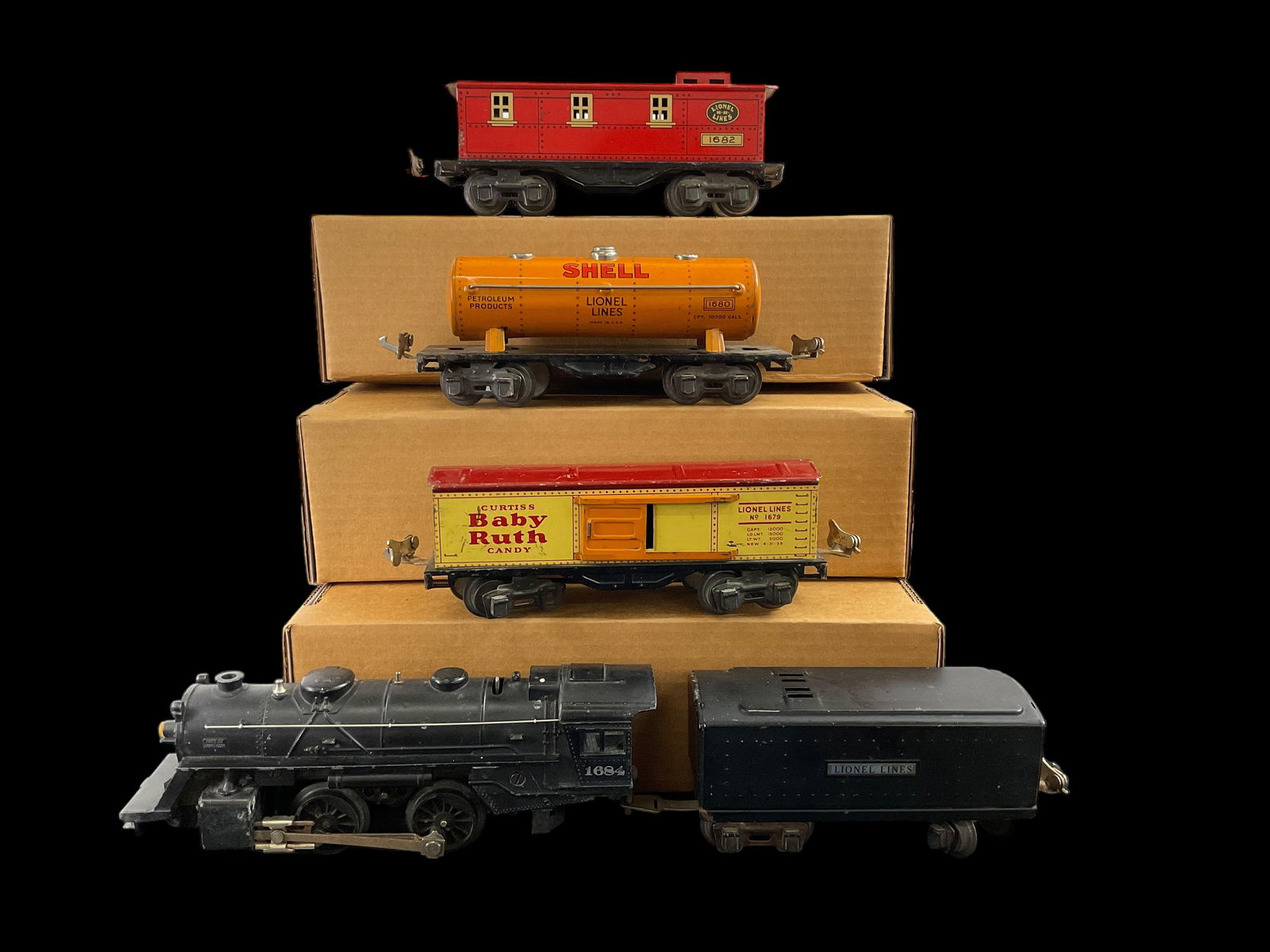 Group of 5 Catalogued Set Lionel O Gauge 1684 Steam Locomotive Tender Baby Ruth Box Shell Tank (1 of 7)