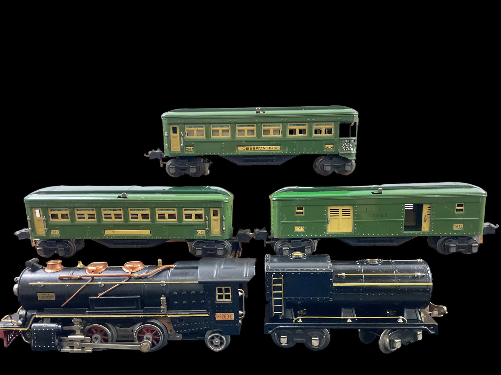 Lionel Prewar O Gauge 260E Steam Engine 262T Tender 2613 Pullman 2614 Observation 2615 Baggage Car (1 of 15)