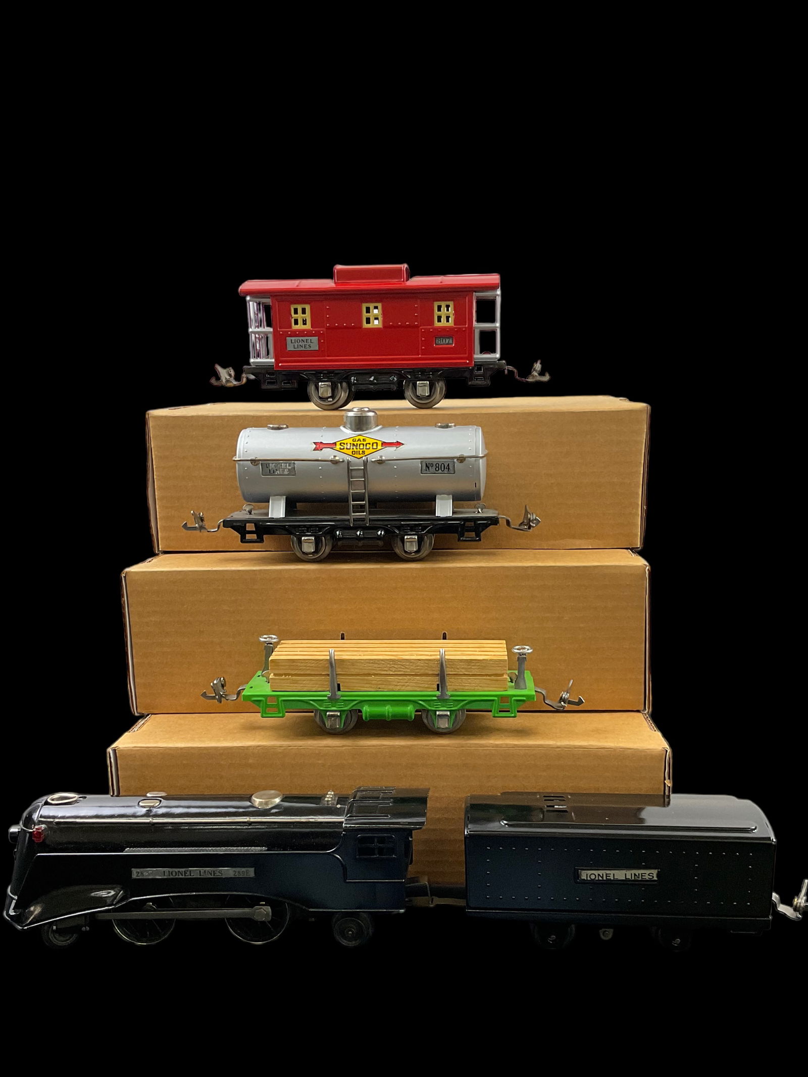 Set of 5 Lionel Prewar 289E 2-4-2 Streamlined Steam Locomotive Tender Flat Car 804 Tank Car 807 (1 of 15)