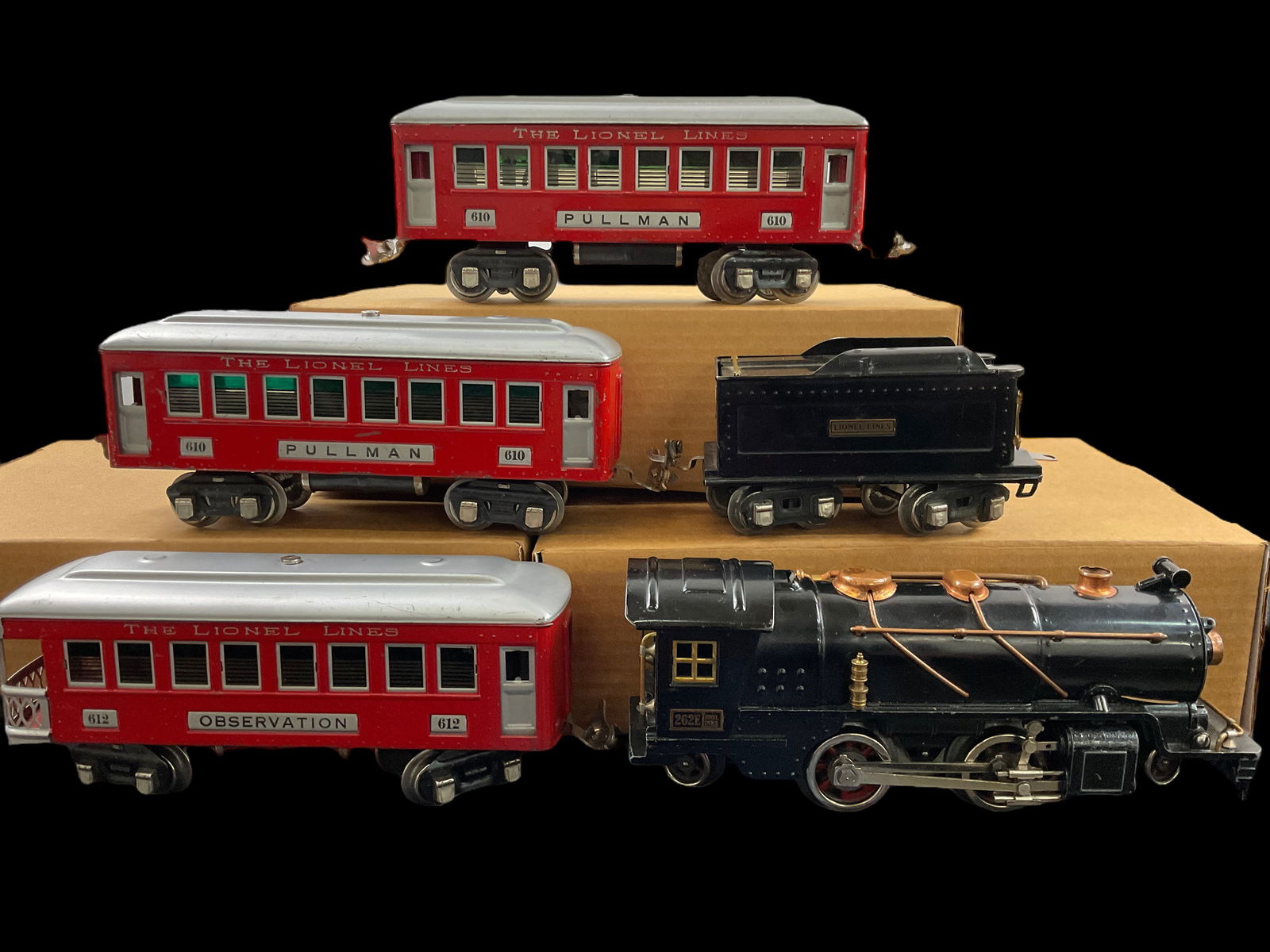 Lionel Prewar O Gauge 262E 2-4-2 Steam Engine 1931-32, 8-Wheel Tender, 2 610 Pullmans, 612 (1 of 15)