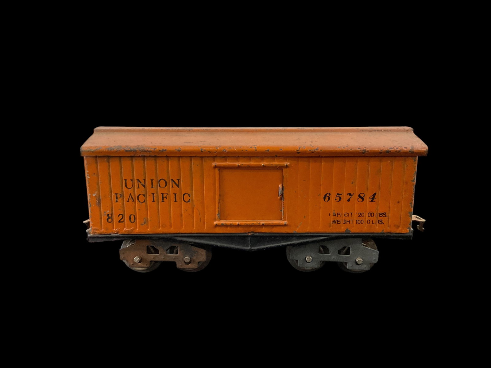 Lionel Prewar (1918-1926) 8-Wheel 820 UNION PACIFIC Boxcar: Lionel Prewar (1918-1926) 8-Wheel 820 UNION PACIFIC Boxcar, 7 1/4" frame length, Condition, see photographs.