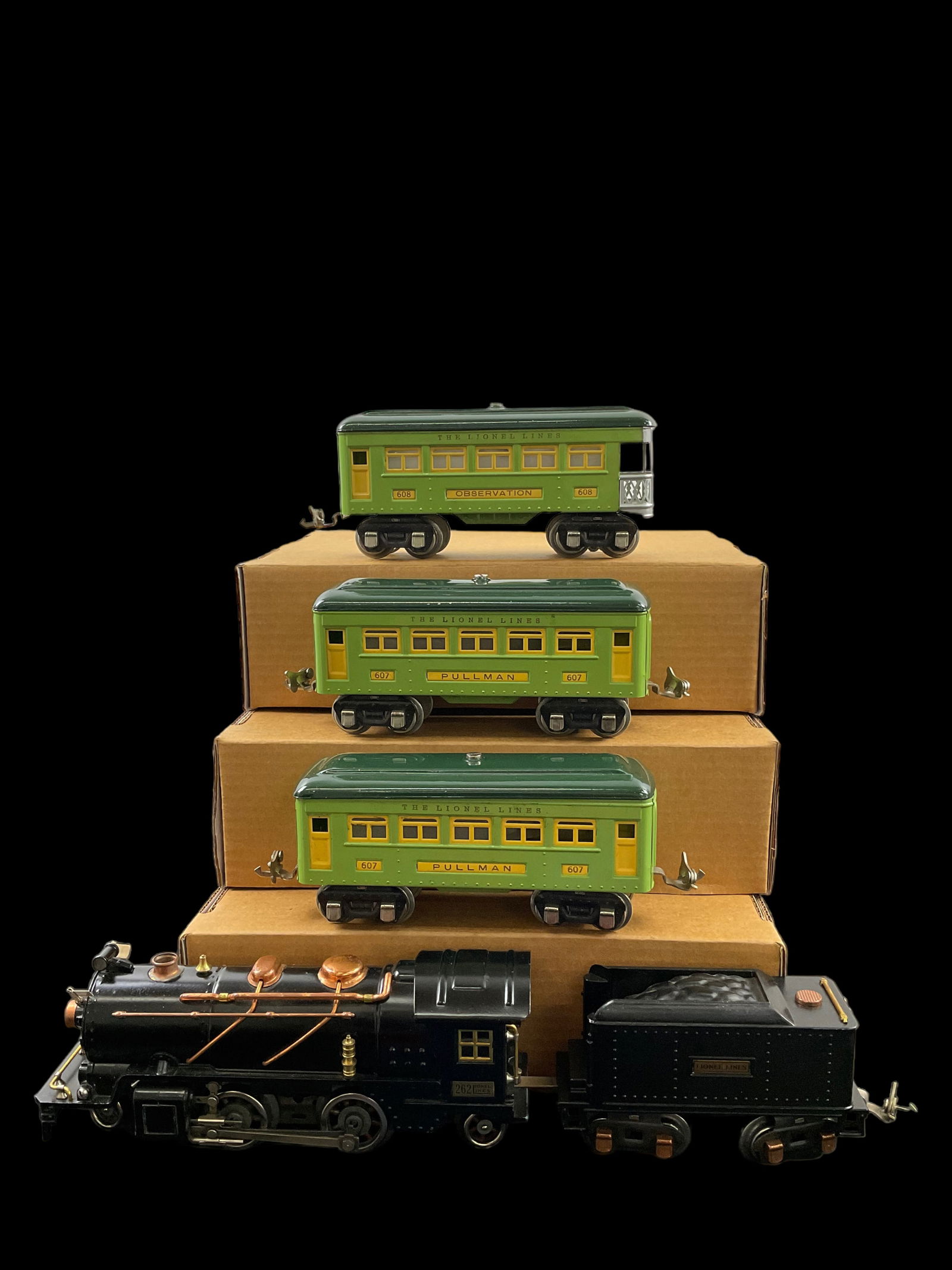 Catalogued Set Lionel Prewar O Gauge 262 Steam Locomotive 262T Tender Two 607 Pullman Cars and 608 (1 of 20)