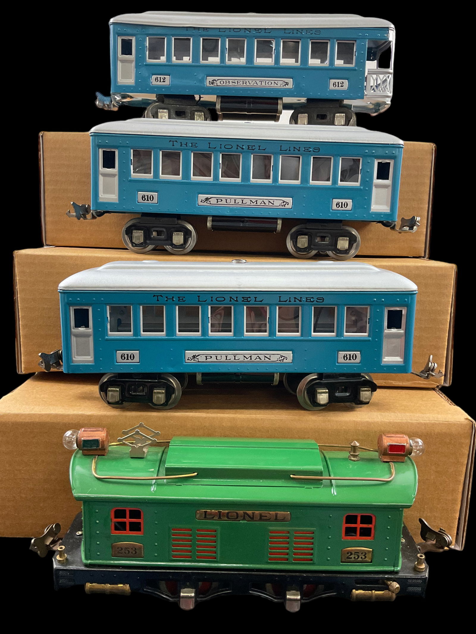 Catalogued Set Lionel Prewar O Gauge 253 Electric 0-4-0 Locomotive (1924-32)  Two 610 Pullman Cars (1 of 14)