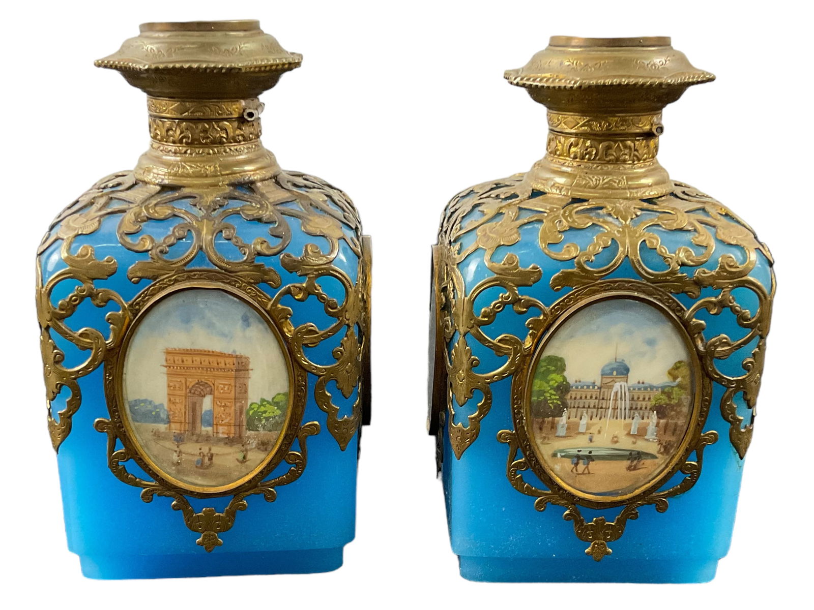 Pair Antique Blue Opaline French Perfume Bottles, Paris Napoleon Empire Grand Tour (1 of 10)