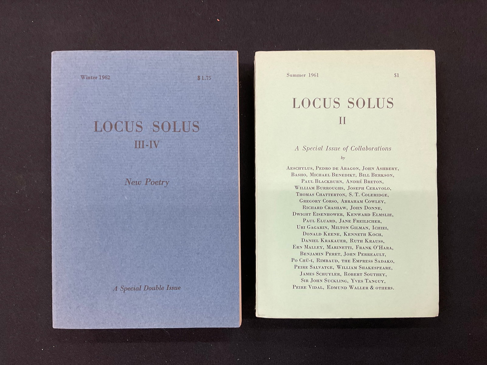 Set Of 2 Locus Solus Books Volumes II and III-IV, both 1961: Set Of 2 Locus Solus Books Volumes II and III-IV, both 1961 1) Book II, A Special Issue of Collaborations, Summer 1961, Editor for this issue Kenneth Koch, Atar S. A. Switzerland, bumped corners 