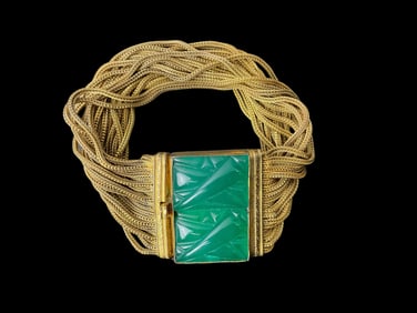 Fisher and Nessler FN Co. Carved Glass Stone Multi Strand Brass Chain Bracelet