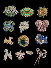 Large Collection of Vintage Costume Brooches Schofield, Pell, Boucher, Austria, Weiss,Florenza, Art,
