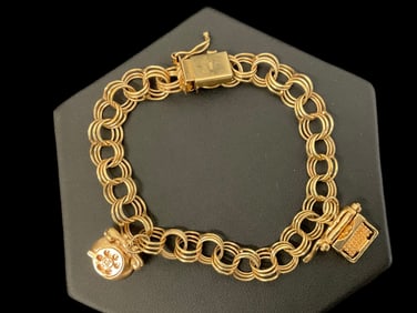 14K Yellow Gold Charm Bracelet with Two Suspended Charms.
