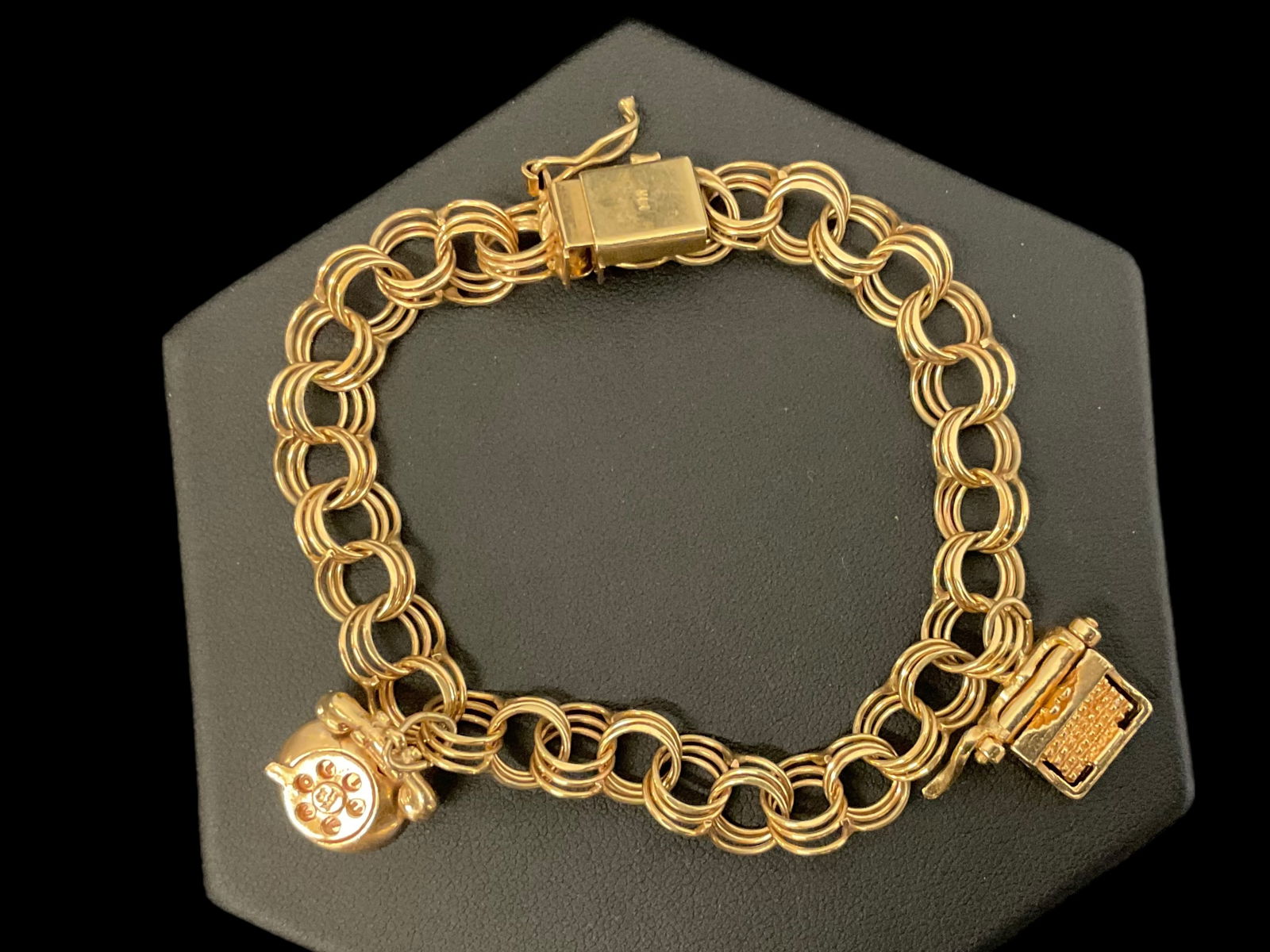 14K Yellow Gold Charm Bracelet with Two Suspended Charms. (1 of 3)