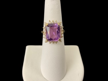 14K Yellow Gold Amethyst and Diamond Ring