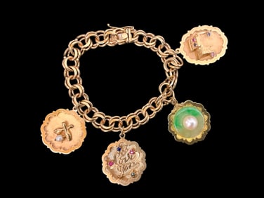 14K Yellow Gold Charm Bracelet with 4 Suspended Charms.