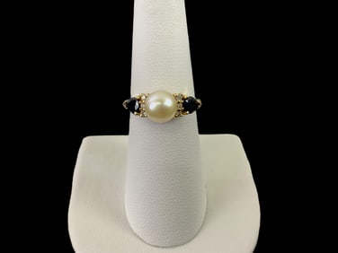 EMA 14K Yellow Gold, Pearl, Diamond and Blue Topaz Ring