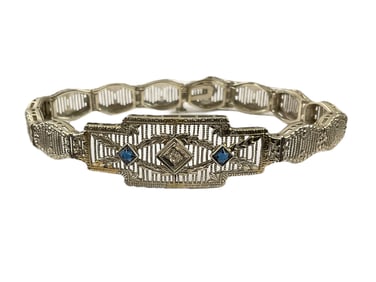 14K White Gold Art Deco Bracelet with Diamonds and Sapphires