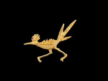 14K Yellow Gold and Red Stone Road Runner Brooch Pin