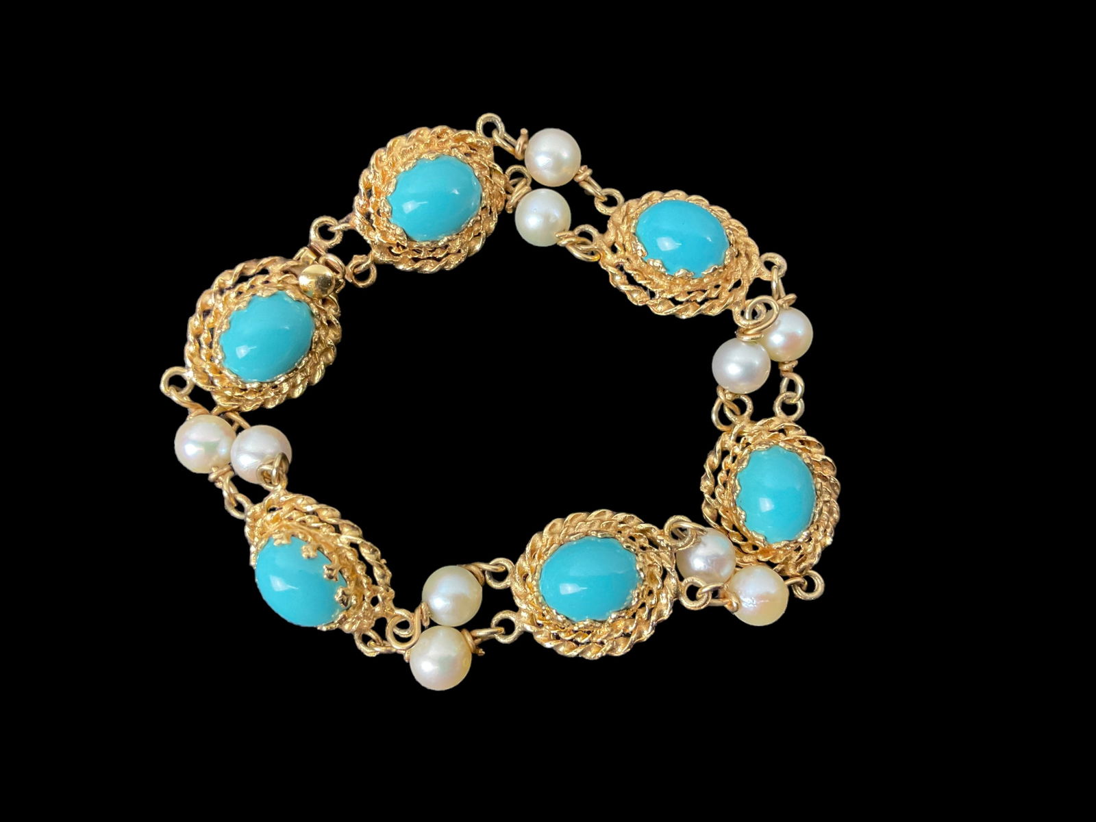 14K Yellow Gold, Turquoise and Pearl Bracelet (1 of 5)