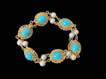 14K Yellow Gold, Turquoise and Pearl Bracelet