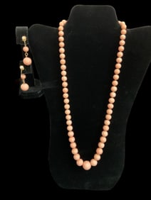 Angel Skin Pink Coral Graduated Bead Necklace and Earrings