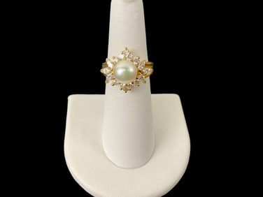 18K Yellow Gold Pearl and Diamond Ring