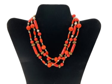 Signed Miriam Haskell 3 Strand Coral, Pearl and Brass Bead Necklace