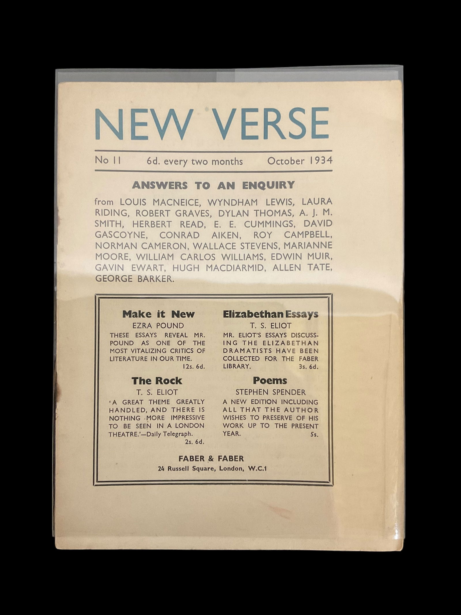 New Verse, Answers To An Enquiry, No. 11, October 1934 Wallace Stevens Dylan Thomas Laura Riding (1 of 6)