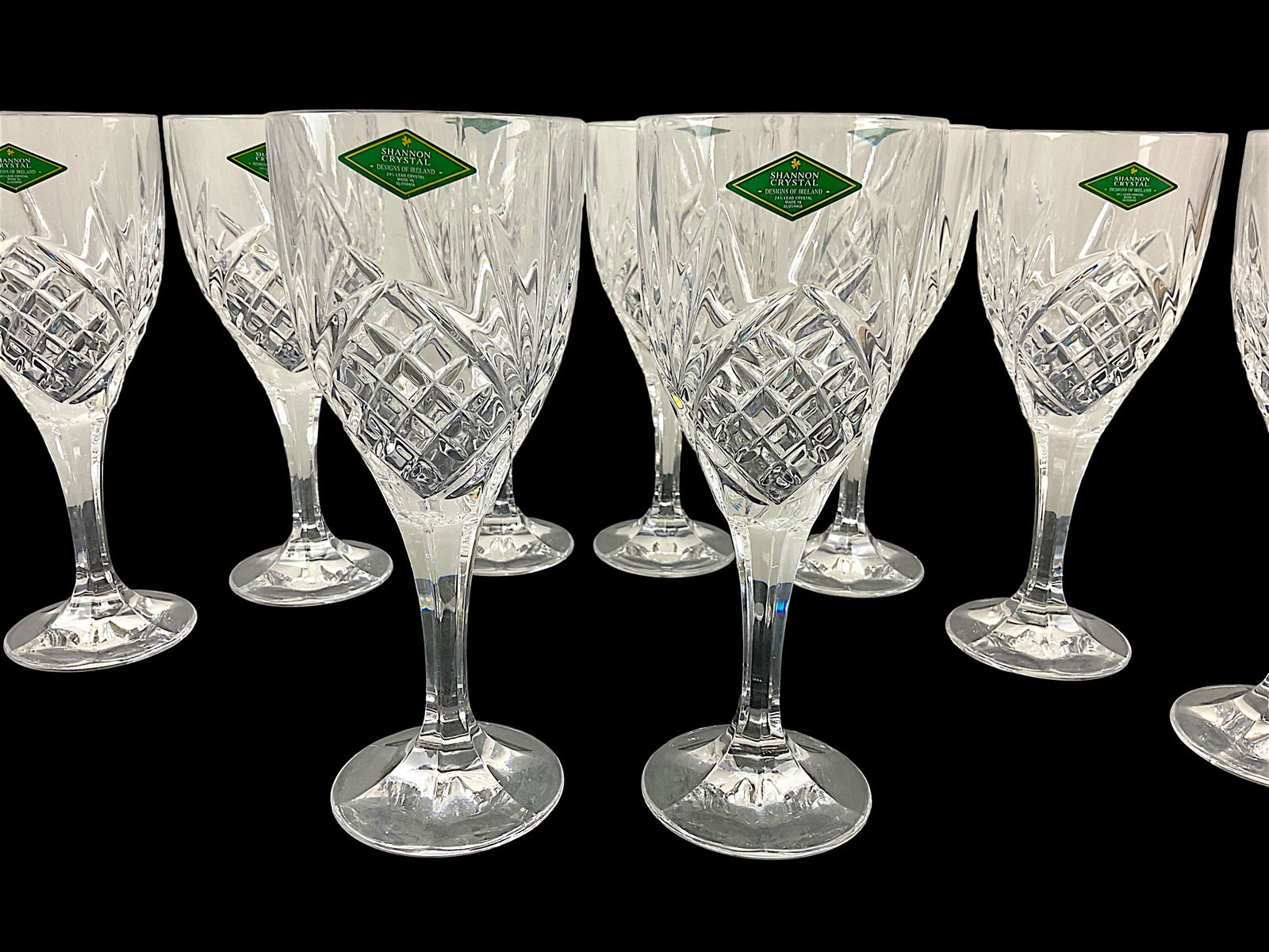 Shannon Crystal Dublin 12 Piece Wine Set: Shannon Crystal Dublin 12 Piece Wine Set by Godinger made in Slovakia, 24% lead crystal 8" wine goblets in Original Box Condition, Very good, See Photographs.