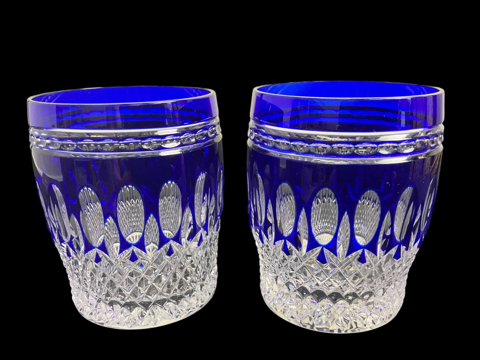 Waterford Clarendon Cobalt Double Old Fashion Glasses: Waterford Clarendon Cobalt Double Old Fashion Glasses, Pair of Waterford Clarendon Cobalt double old fashion glasses, 4" Tall, Condition: Excellent, see photographs. 