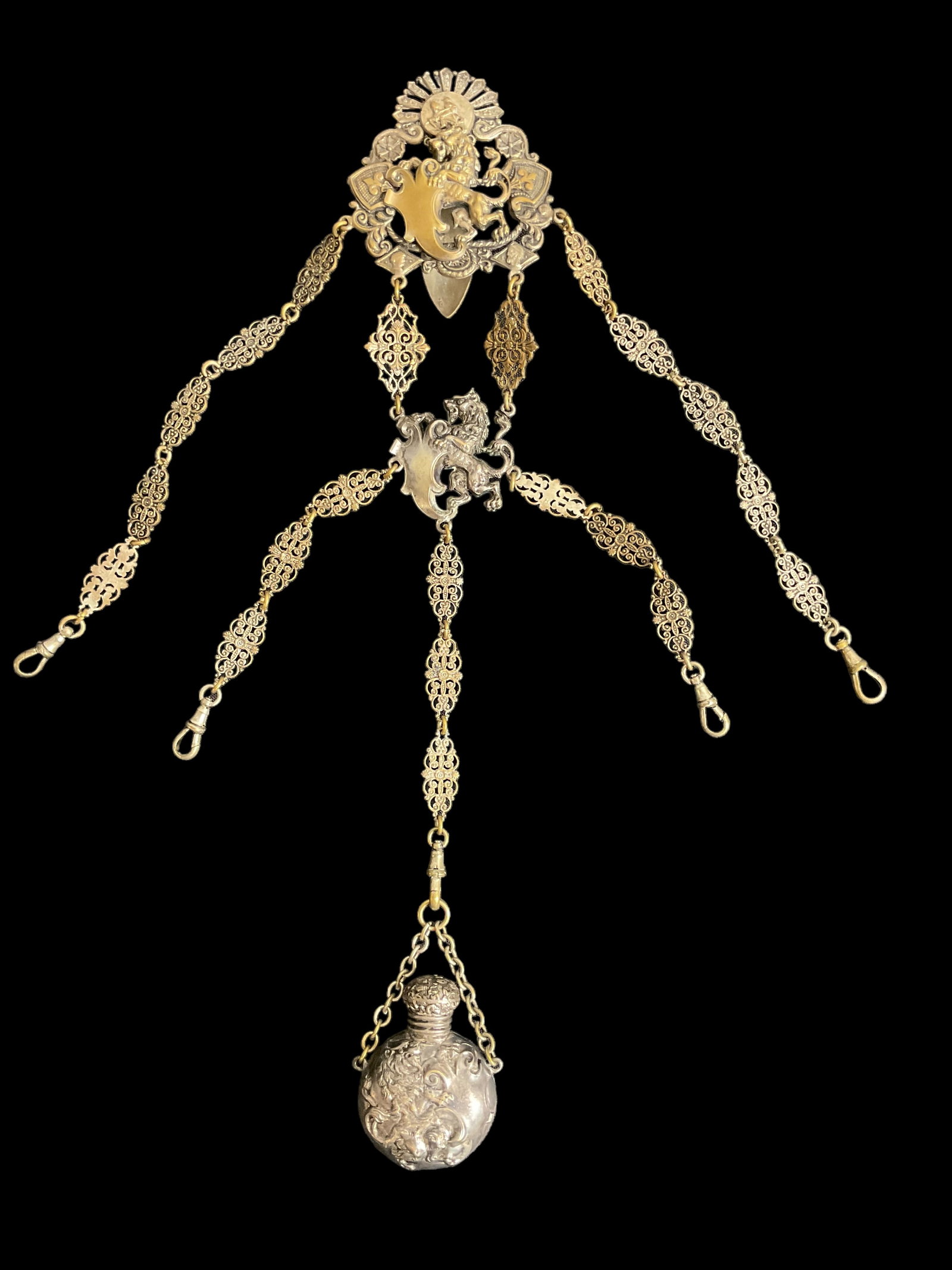 19th Century Victorian Base Metal Chatelaine: 19th Century Victorian Base Metal Chatelaine. Contains one implement, snuff bottle. Condition, Very Good, See Photographs.