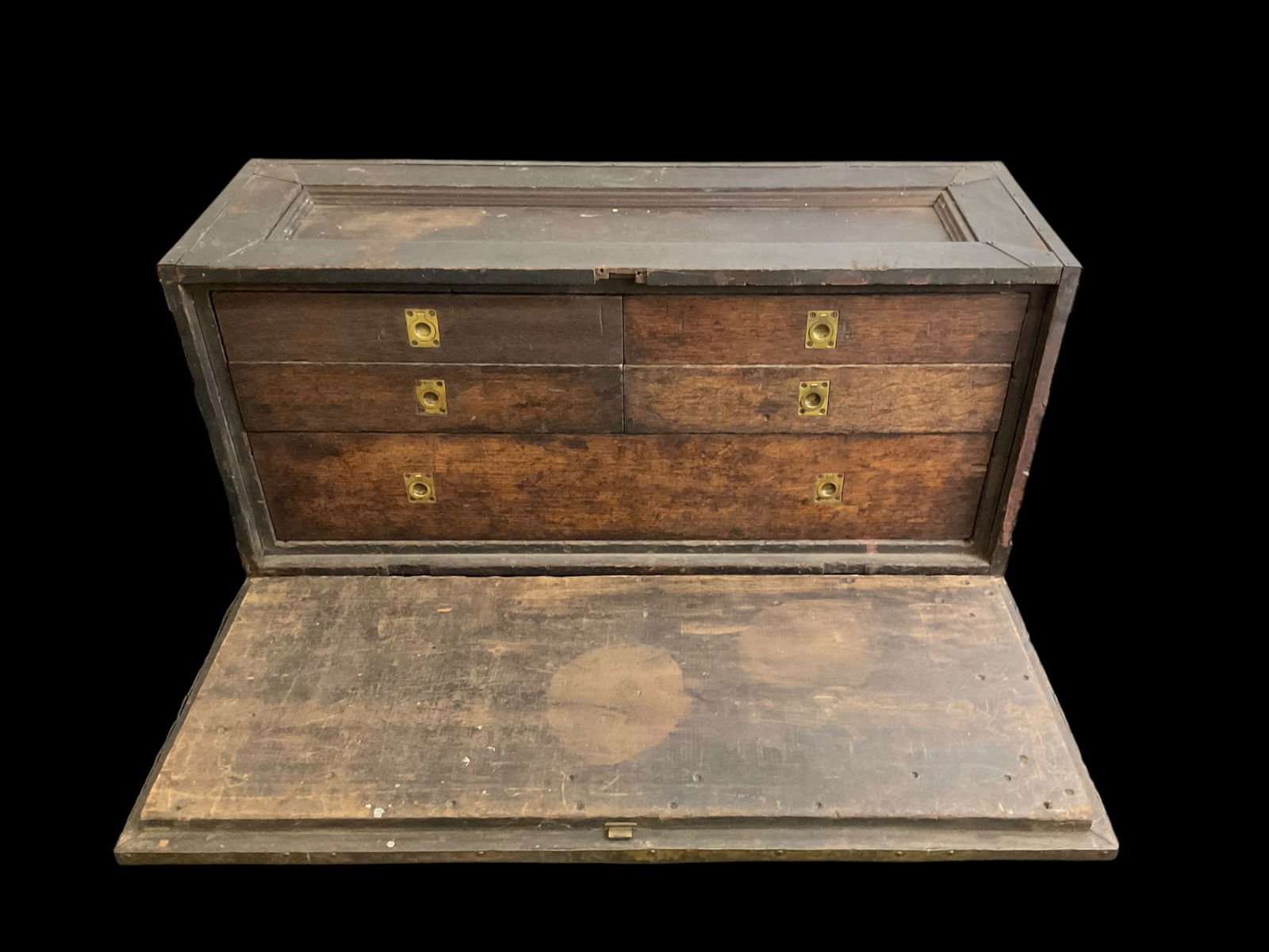 Civil War Era Officers 5-Drawer Cabinet with Flask: Civil War Era Officers 5-Drawer Cabinet with Flask, glass flask with leather bottom and cover, brass pulls on drawers, handles on both sides, brass feet, top four drawers have dividers, measures