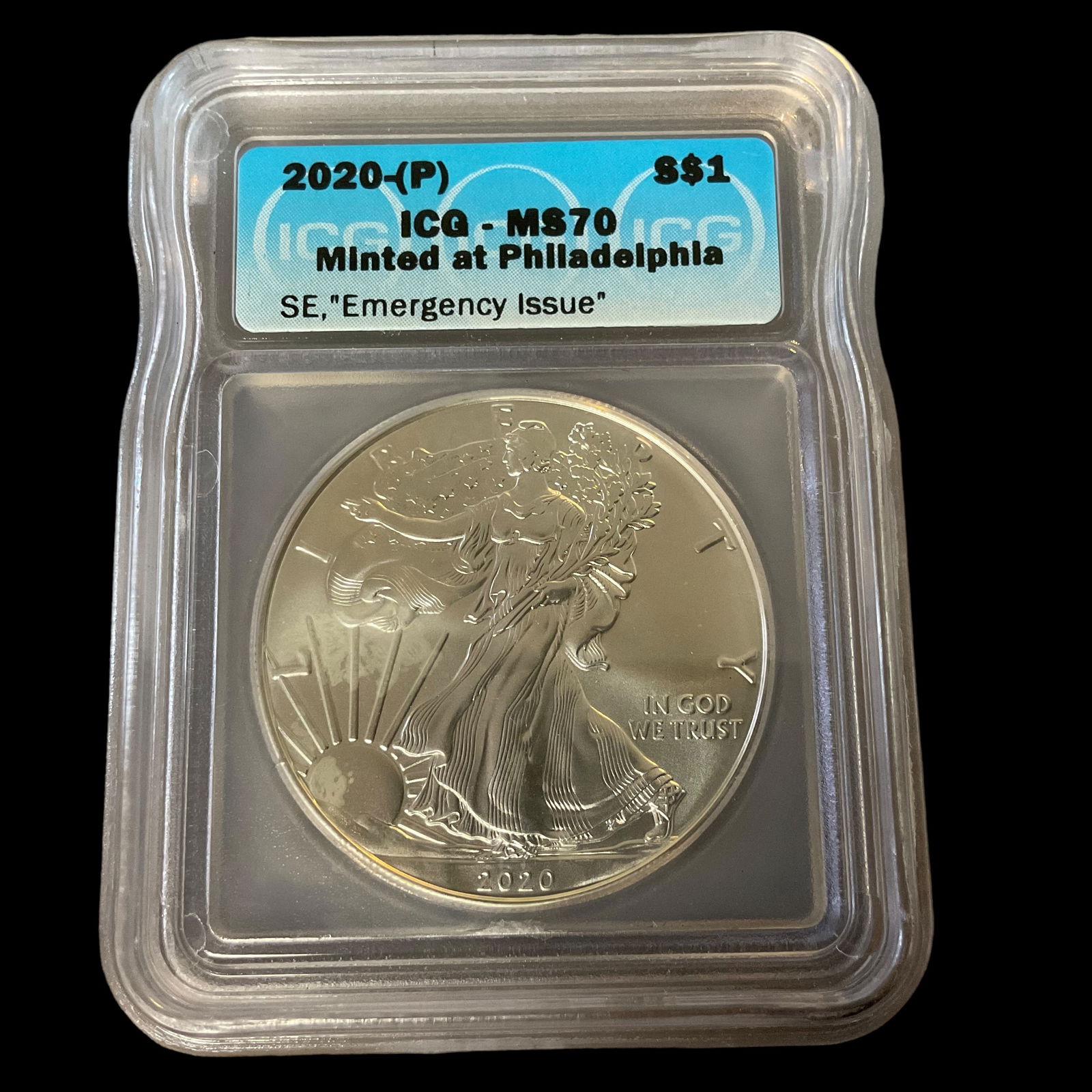2020 (P) American Silver Eagle $1 Coin "Emergency Issue" ICG MS70 (1 of 2)