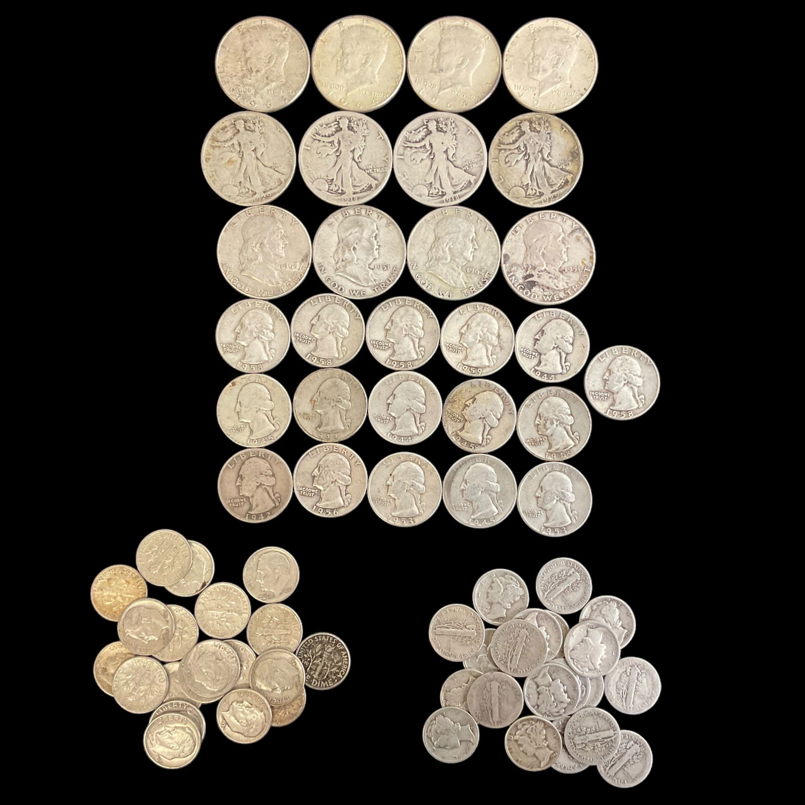 68 Mixed Dates Silver Coins Dimes Quarters Half Dollars (1 of 7)