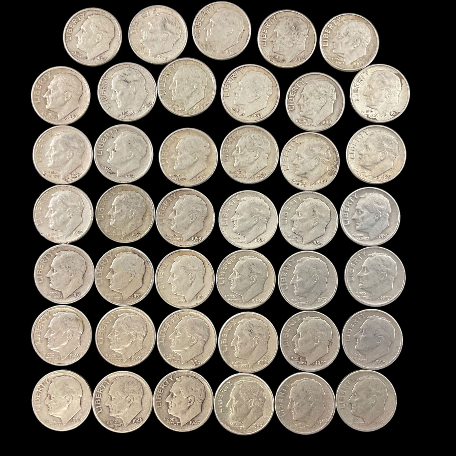 Group of 41 Roosevelt Silver Dimes Consecutive Dates (1 of 10)