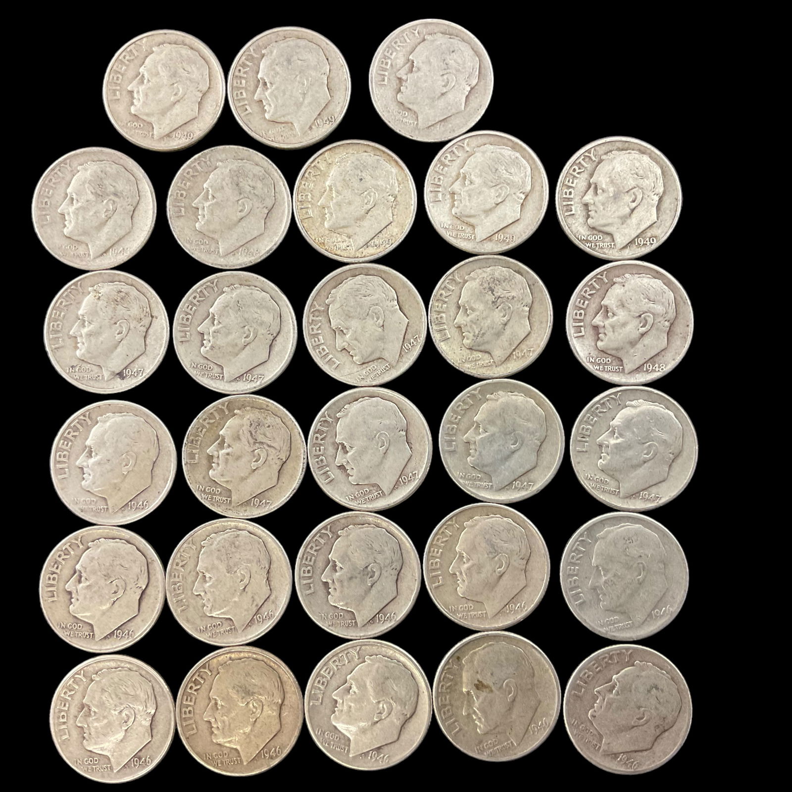 Group of 28 Roosevelt Silver Dimes 1940s (1 of 5)