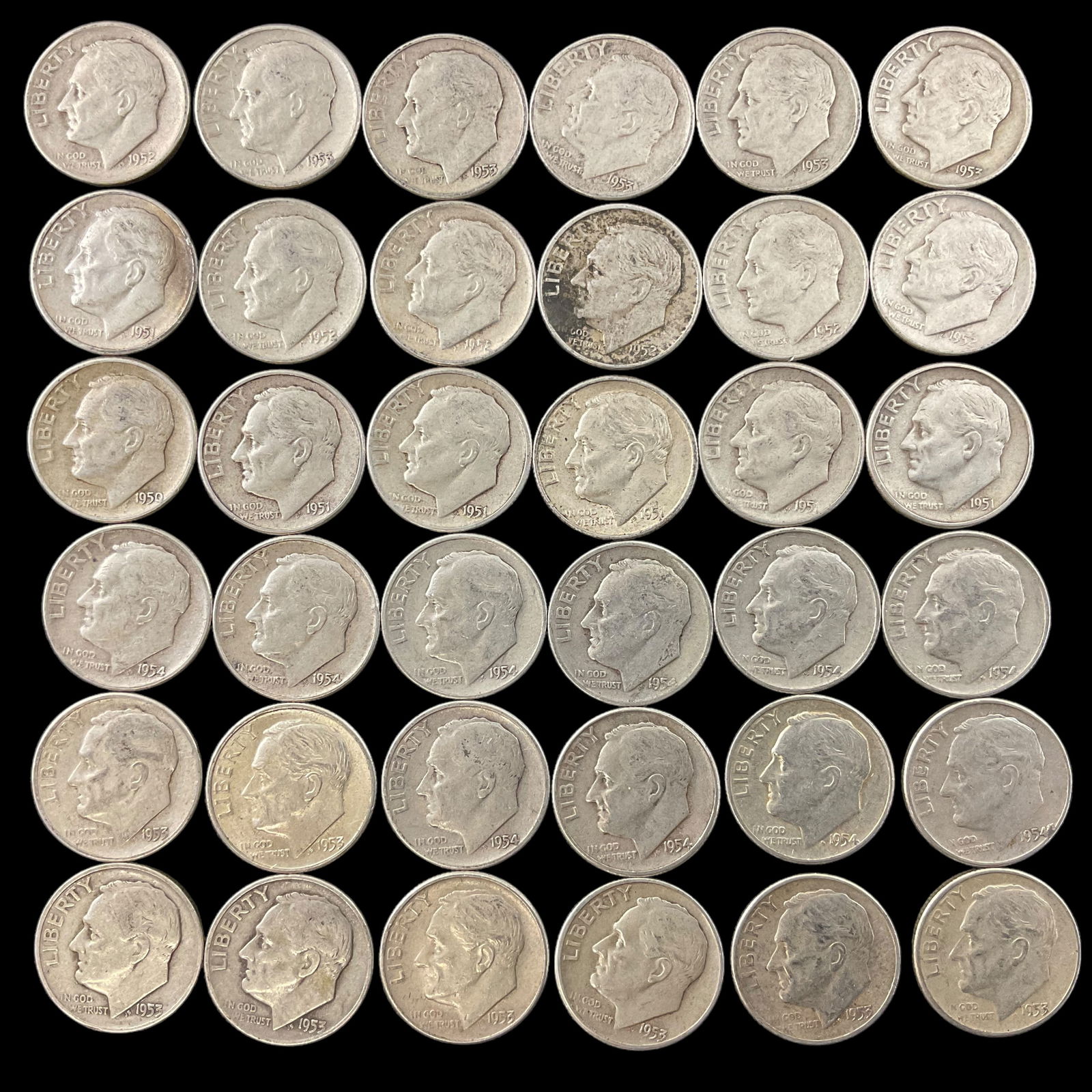 Group of 36 Roosevelt Silver Dimes 1950s (1 of 4)
