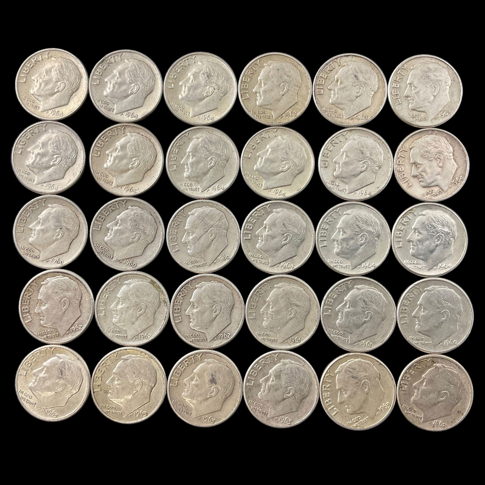 Group of 30 Roosevelt Silver Dimes 1960s (1 of 4)