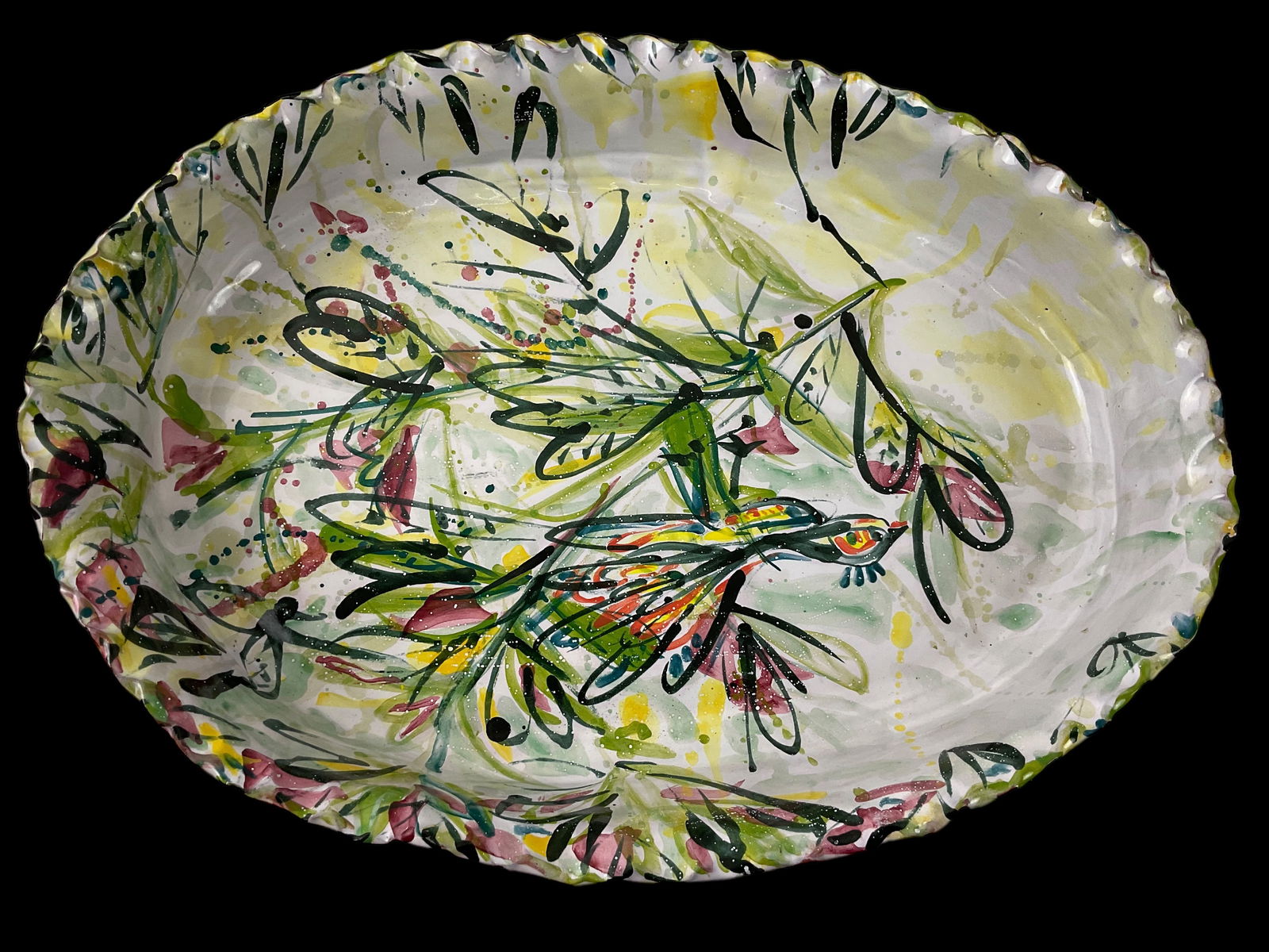 Large Oval Painted Bird Pattern Ceramic Dish Platter (1 of 5)