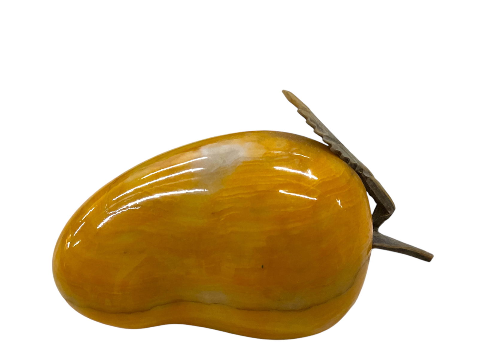 Vintage Yellow Onyx Mango Paperweight: Vintage yellow onyx mango paperweight Measures 4” x 2.5” Weight 12 oz., flat spot on bottom to steady it, Condition, very good, see photographs.