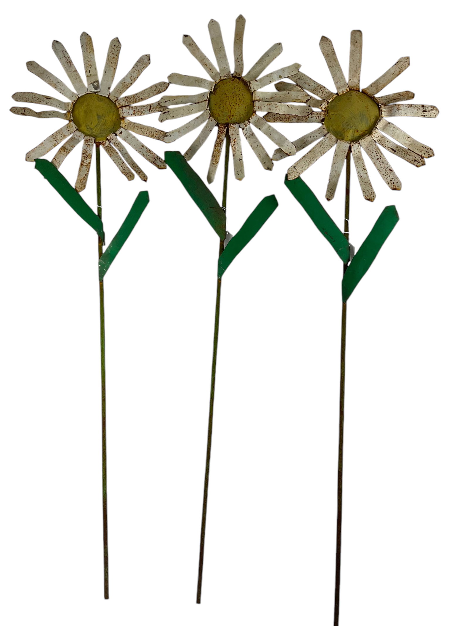Three Tin Daisies: Three tin daisies 54" each. Condition: Shows Rust, See Photographs.