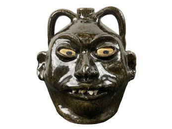 Dark Glazed Stoneware Double Face Jug by Lanier Meaders (American, 1917-1998), Signed Folk Art