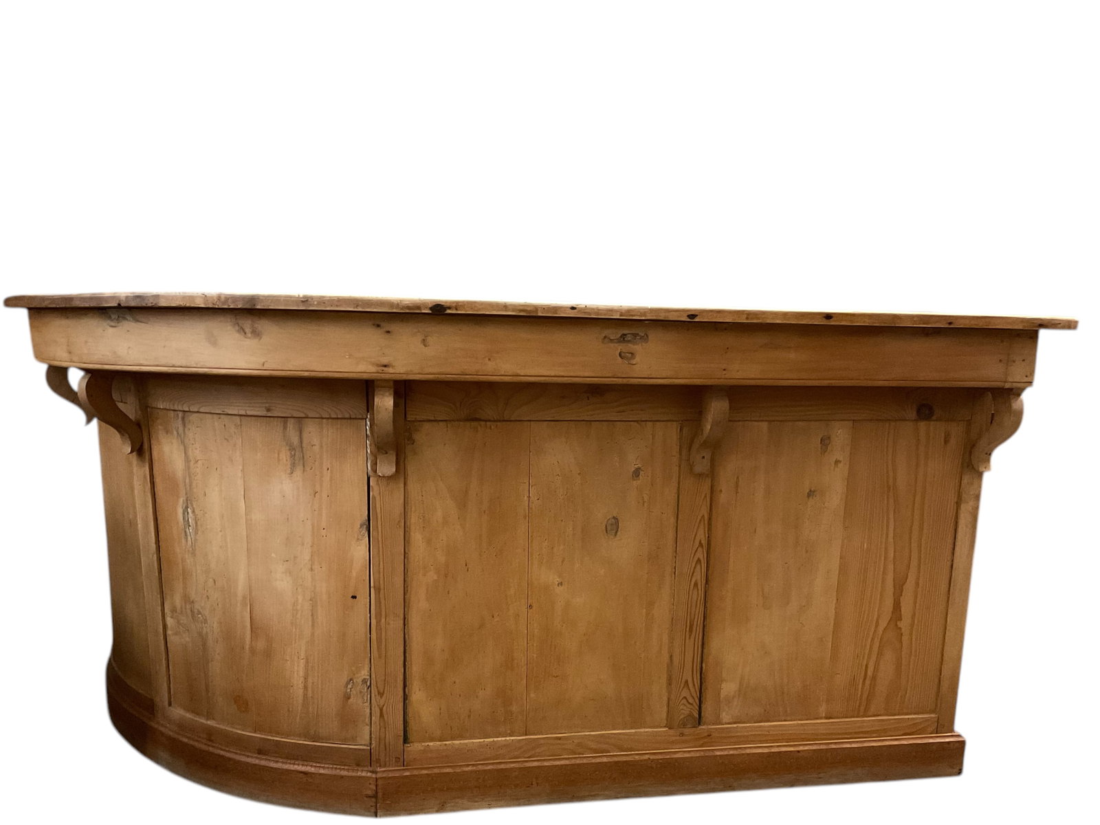 Antique Wrap-Around Pine Bar: Antique Wrap-Around Pine Bar, with one small drawer, no shelves below bar, measures 72" L x 35" D x 35" H, Condition, worn appropriate with age, see photographs.