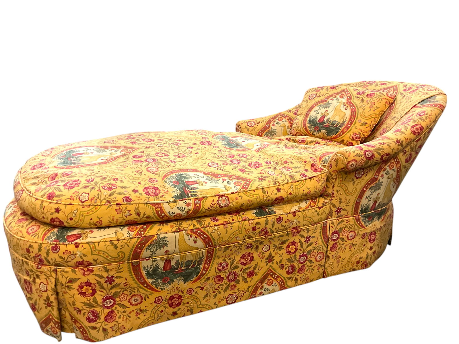Upholstered Chaise Lounge: Upholstered Chaise Lounge, yellow upholstery with red flowers, giraffe and handler, with pillow, measures 72" L x 28" H x 32" D, Condition, very good, see photographs.
