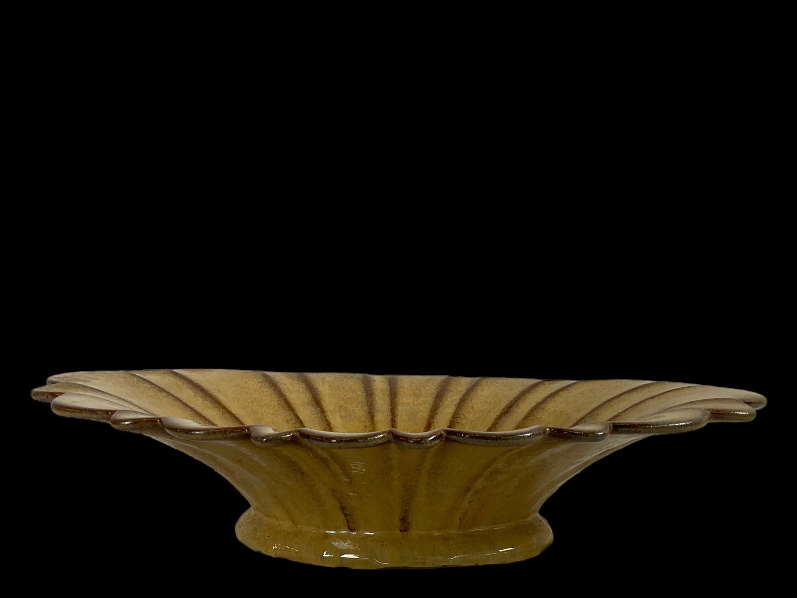 Fulper Pottery Oval Scalloped Edge Tan Bowl: Fulper Pottery Oval Scalloped Edge Tan Bowl, The oval Fulper bowl with scalloped edges has the Fulper Oval Ink Mark, circa 1917-1934, Measures 16" wide, 10" length, and 3 1/2"
