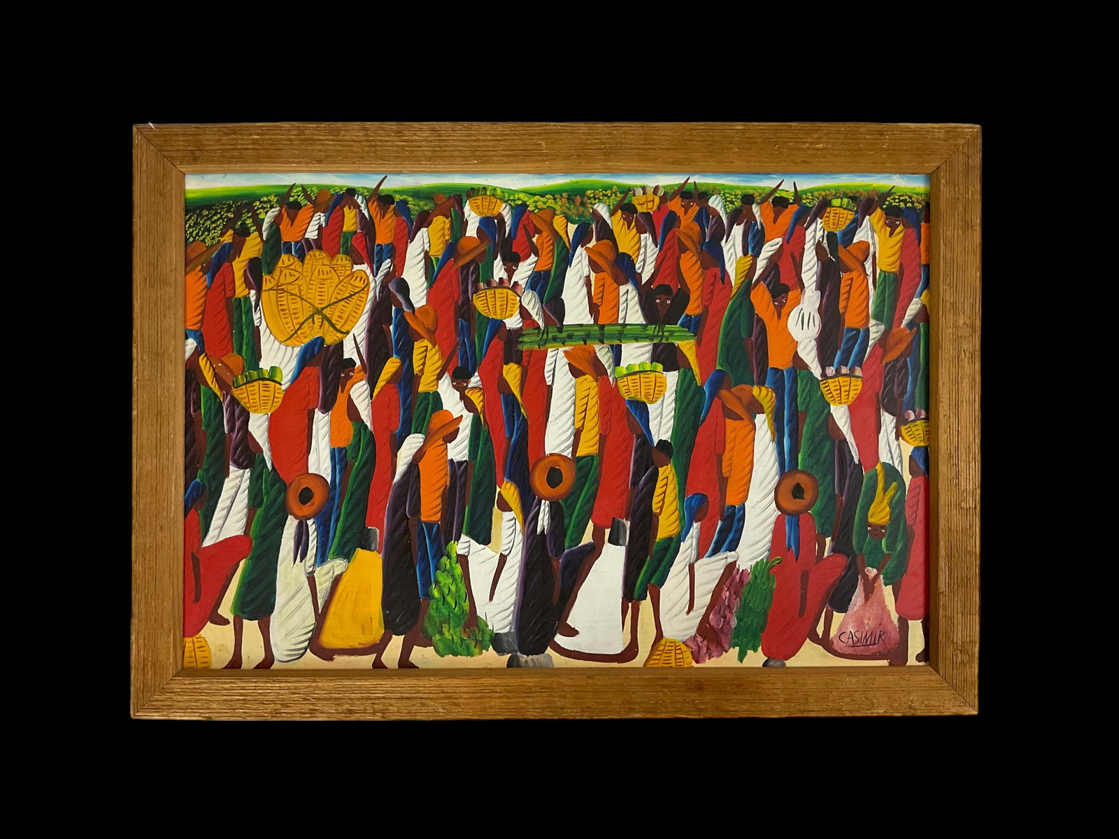 Signed Laurence Casimir (Haitian, 1928-1990) Oil on Board Market Scene: Signed Laurence Casimir (Haitian, 1928-1990) Oil on Board Market Scene, Image measures 23 3/4" x 15 3/4", Frame measures 26 3/4" x 18 3/4" x 3/4" Condition, very good, wood fr