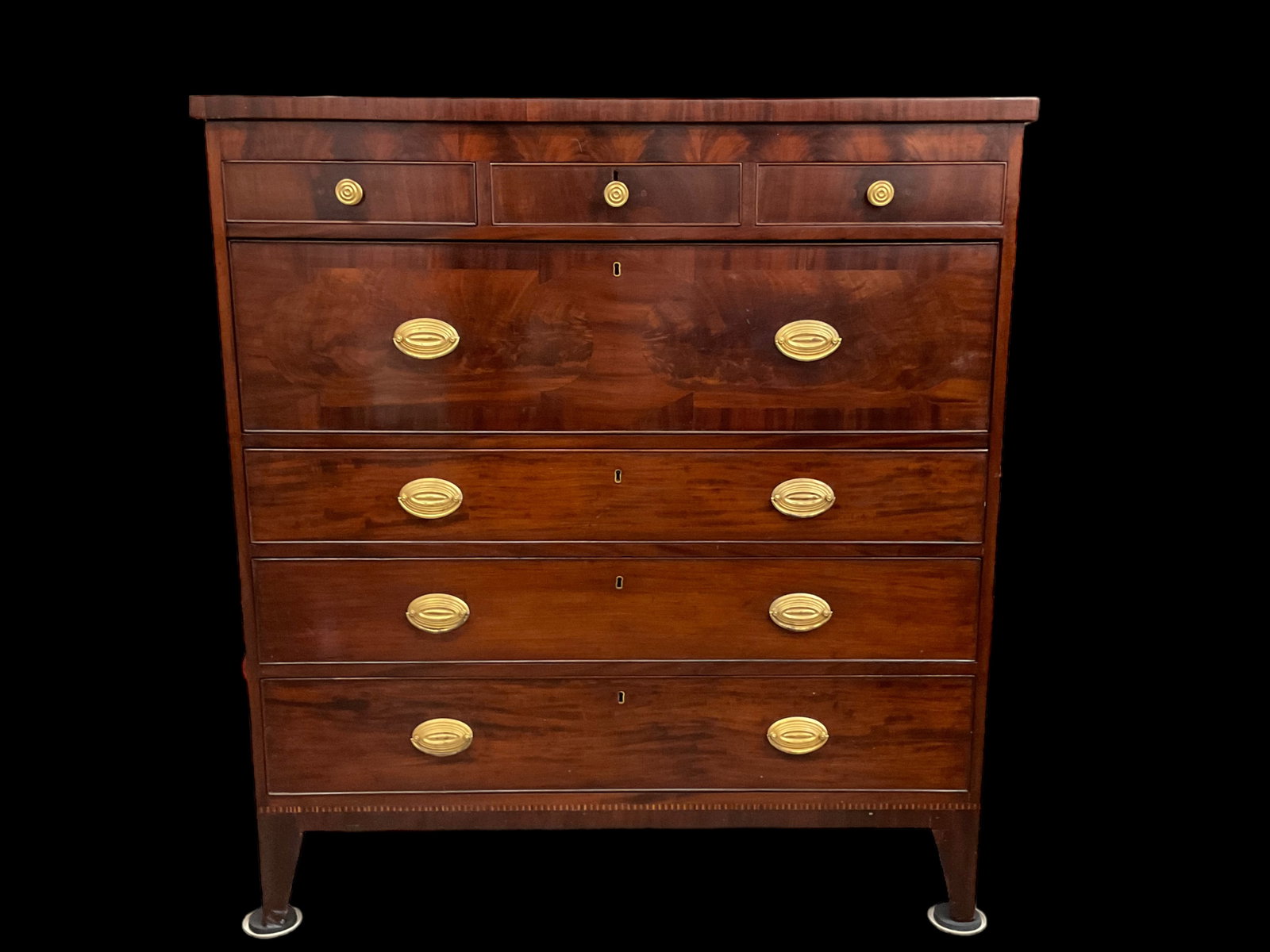Federal Style Mahogany 6-Drawer Tall Dresser: Federal Style Mahogany 6-Drawer Tall Dresser. Dresser has three narrow drawers at top and four wide drawers below. Measures 45 1/4" W x 49" H x 20 3/4" D. Condition good, scr