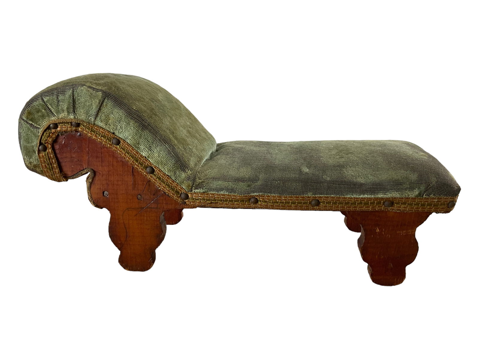 Doll's Chaise Lounge: Doll's handmade chaise lounge made with wood and fabric. The lounge measures approximately 5.75" height, 13" long, and 4.5" wide. There are no makers marks. Condition, shows w