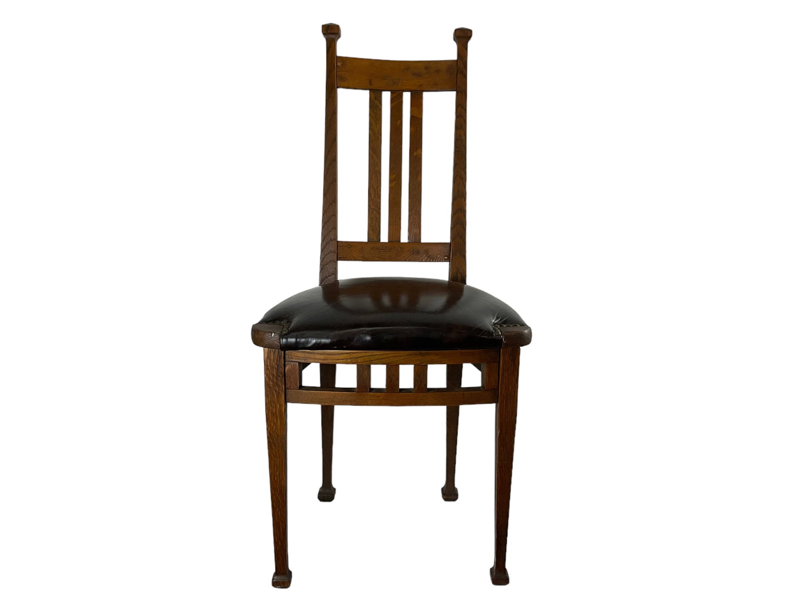 Arts and Crafts Narrow Desk Chair with Leather Seat: Arts and Crafts Narrow Desk Chair with Brown Leather Seat with Brass Tacks, 3 vertical slats on back and on 3 sides under seat, decorative tops to chair back and to feet, Measures 17&qu