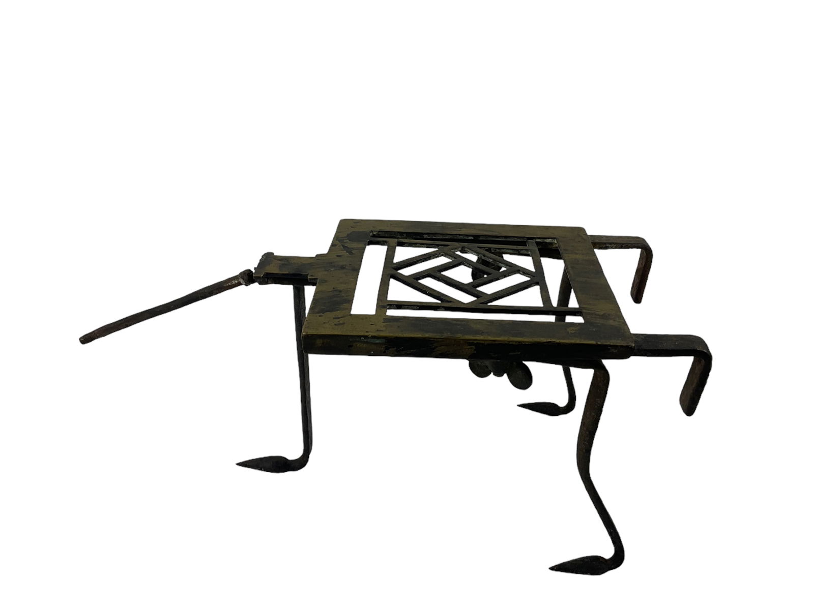Fireplace Trivet: A brass and wrought iron fireplace trivet with adjustable legs. The trivet is approximately 4.75 " tall and 5.25" wide. Wear is commensurate with age. The trivet is missing its handle.